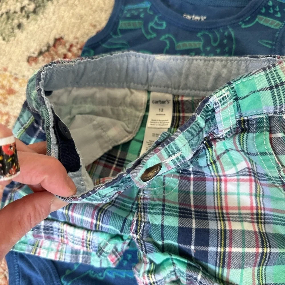 Carter’s 12 Month Retro Baby Boy Summer Outfit Plaid Shorts & vibrant Dino top